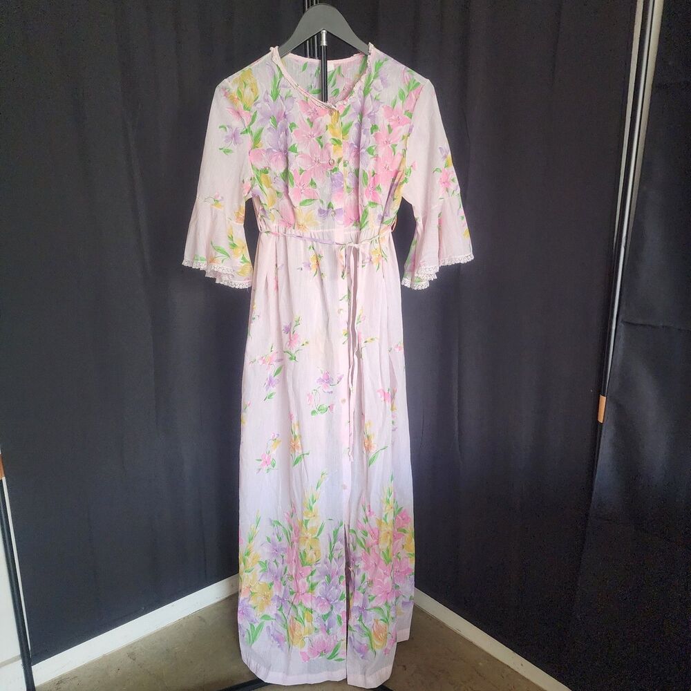 Vintage Deena California Floral Maxi Dress Loungewear Sheer Lace Ribbon Tie S/M